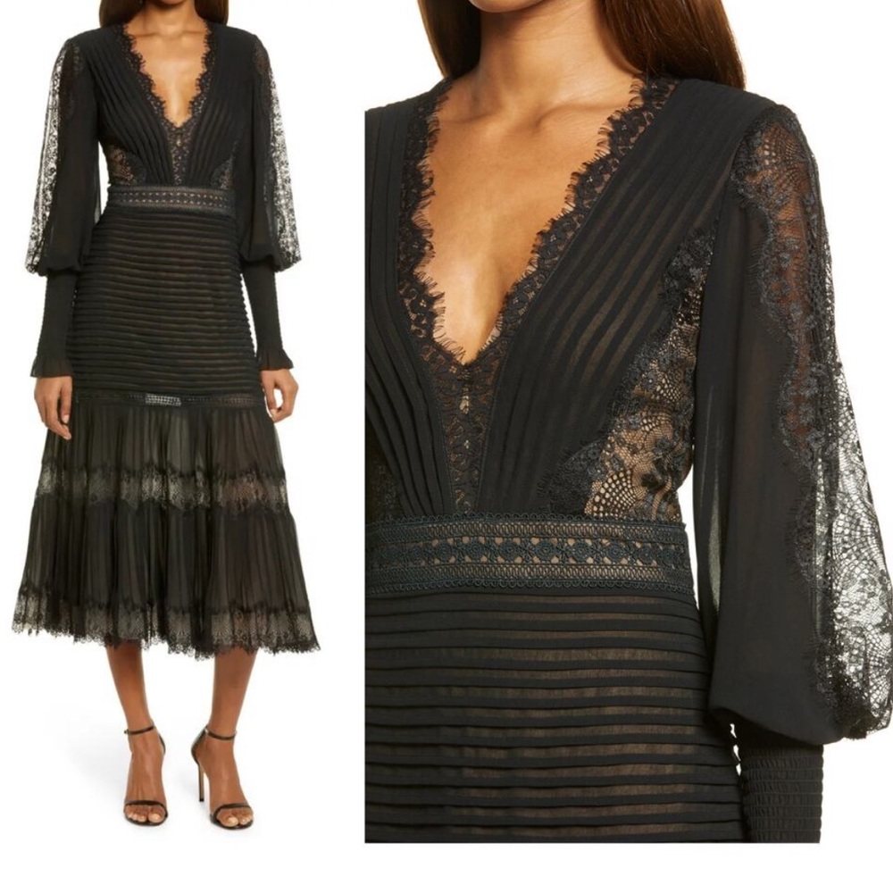 Tadashi Shoji Lace Pintuck Long Sleeve Midi Cocktail Dress, Size 16 1347